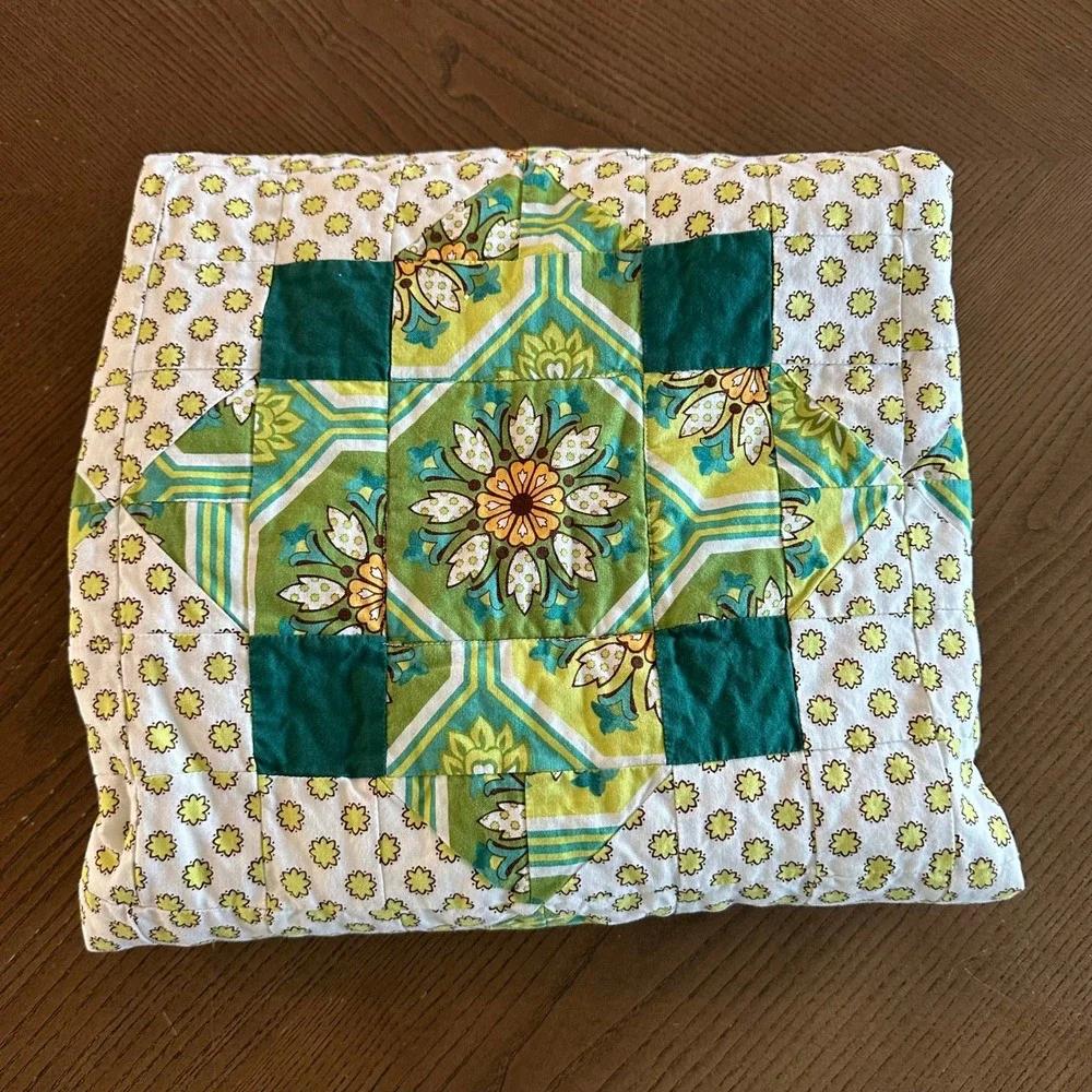 Handmade Floral Patchwork Baby Quilt Green Minky Dot Backing 34x34 Blanket